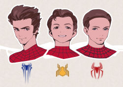 Rule 34 | 3boys, andrew garfield, animification, bodysuit, brown hair, commentary, english commentary, headset, ikuchan kaoru, looking at viewer, male focus, marvel, marvel cinematic universe, multiple boys, muscular, peter parker, red bodysuit, short hair, solo focus, sony, spider-man, spider-man (series), spider web print, superhero costume, teeth, tobey maguire, tom holland