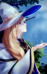 Rule 34 | 1girl, blonde hair, character request, cloud, cloudy sky, fate/grand order, fate (series), from side, glasses, hand up, hat, highres, long hair, looking up, morgan le fay (fate), pistachiohyeah, profile, rain, round eyewear, sky, solo, upper body, witch hat, worried