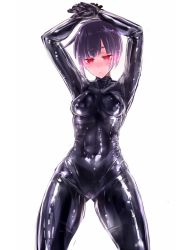 Rule 34 | 1girl, arms up, black bodysuit, blunt bangs, bodysuit, breasts, cameltoe, copyright request, cowboy shot, glowing, glowing eyes, latex, latex suit, legs apart, medium breasts, pink eyes, purple hair, shiny clothes, shiny skin, short hair, simple background, skin tight, solo, standing, uni96 (uknee96), white background