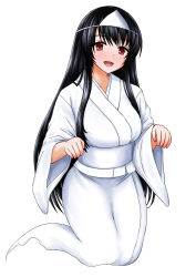 Rule 34 | 1girl, :d, black hair, blush, commission, fusou (kancolle), ghost, ghost tail, highres, japanese clothes, kamiya tadato, kantai collection, long hair, looking at viewer, open mouth, pixiv commission, red eyes, simple background, smile, solo, triangular headpiece, white background