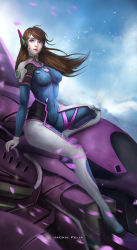 Rule 34 | 1girl, alternate eye color, animal print, arm support, armor, artist name, blue eyes, blue sky, bodysuit, boots, breasts, brown hair, cloud, cloudy sky, covered navel, d.va (overwatch), day, facepaint, facial mark, floating hair, gloves, headphones, high collar, highres, jackie felix, lips, long hair, mecha, meka (overwatch), mountain, overwatch, overwatch 1, parted lips, petals, pilot suit, pink lips, rabbit, rabbit print, robot, shoulder pads, skin tight, sky, solo, thigh boots, thighhighs, turtleneck, whisker markings, white footwear, white gloves