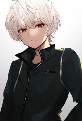 Rule 34 | 1boy, blue jacket, closed mouth, crossed bangs, frown, grey background, hair between eyes, highres, hzmwa, jacket, kuga yuuma, long sleeves, looking at viewer, male focus, red eyes, simple background, solo, uniform, upper body, white hair, world trigger
