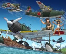 Rule 34 | 1boy, 1girl, a6m2-n, aircraft, airplane, akitsushima (seaplane tender), aviator cap, barefoot, black hair, black headwear, blue shorts, blue sky, boots, brown footwear, brown headwear, brown pants, brown shirt, bucket, closed mouth, cloud, cloudy sky, commentary request, day, fish, fishing, fishing rod, flight goggles, frown, goggles, goggles on headwear, h8k, hat, highres, looking at another, mikeran (mikelan), military, military uniform, military vehicle, ocean, open mouth, original, outdoors, pants, partial commentary, roundel, ship, shirt, short hair, shorts, sitting, sky, smile, sun hat, sweatdrop, tan, tank top, uniform, vehicle focus, vehicle request, watercraft, white shirt, world war ii