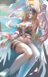 Rule 34 | 1girl, absurdres, angel, angel girl, angewomon, armpits, blonde hair, breasts, buckle, cleavage, digimon, digimon (creature), head wings, highres, large breasts, lipstick, long hair, makeup, mask, mddueck, mole, mole on breast, navel, o-ring, solo, thigh strap, wings