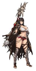 Rule 34 | 1girl, armor, barbara (brown dust), black hair, blush, breasts, brown dust, brown gloves, cleavage, feather hair ornament, full body, gloves, greaves, hair ornament, hand on own hip, highres, holding, holding polearm, holding spear, holding weapon, javelin, large breasts, long hair, looking at viewer, micro shorts, midriff, navel, official art, pauldrons, polearm, red eyes, shorts, shoulder armor, single glove, solo, spear, thighs, transparent background, very long hair, weapon