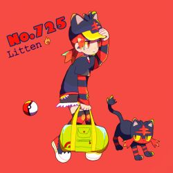 Rule 34 | 1girl, bad id, bad pixiv id, bag, baseball cap, black shirt, character name, colored sclera, creatures (company), game freak, gen 7 pokemon, green bag, hat, litten, long sleeves, medium hair, moemon, narumame, nintendo, personification, poke ball, poke ball (basic), pokedex number, pokemon, pokemon (creature), ponytail, red background, red eyes, red hair, shirt, shorts, simple background, striped clothes, striped legwear, striped sleeves, striped thighhighs, thighhighs, yellow sclera