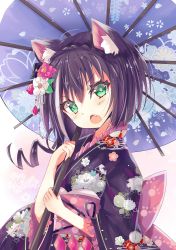 Rule 34 | 1girl, animal ear fluff, animal ears, black flower, black hair, black kimono, blue umbrella, cat ears, commentary request, fang, floral background, floral print, flower, frilled sleeves, frills, green eyes, hair between eyes, hair flower, hair ornament, highres, hizaka, holding, holding umbrella, japanese clothes, karyl (new year) (princess connect!), karyl (princess connect!), kimono, long sleeves, looking at viewer, multicolored hair, obi, oil-paper umbrella, open mouth, princess connect!, print kimono, print umbrella, red flower, sash, solo, streaked hair, umbrella, upper body, white flower, white hair, wide sleeves