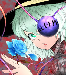 Rule 34 | 1girl, aqua hair, between fingers, blue flower, blue rose, bow, exposed muscle, flower, from side, green eyes, hat, hat bow, holding, komeiji koishi, looking at viewer, rose, short hair, solo, stitched, stitches, tanuk, third-party edit, third eye, tongue, touhou, upper body