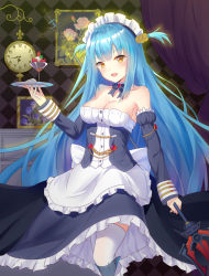Rule 34 | 1girl, absurdres, azur lane, bare shoulders, blue hair, breasts, cleavage, clock, collarbone, curtains, detached sleeves, hair ornament, highres, long hair, looking at viewer, maid headdress, medium breasts, neptune (azur lane), open mouth, picture frame, polearm, solo, thighhighs, tray, trident, w-t, weapon, yellow eyes