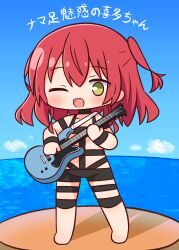 Rule 34 | 1girl, ;d, bare shoulders, barefoot, black choker, blue sky, blush, bocchi the rock!, chibi, choker, cloud, collarbone, day, electric guitar, full body, green eyes, guitar, hair between eyes, hana kazari, highres, holding, holding instrument, horizon, hot limit, instrument, kita ikuyo, long hair, looking at viewer, ocean, one eye closed, one side up, open mouth, outdoors, red hair, revealing clothes, sky, smile, solo, translation request, water