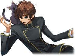 Rule 34 | &gt; &lt;, 1boy, animal, animal on shoulder, arthur (code geass), artist request, belt, biting, black jacket, brown hair, buttons, cat, code geass, code geass: lost stories, cropped torso, double-breasted, dutch angle, game cg, green eyes, hand up, head biting, jacket, kururugi suzaku, layered sleeves, long sleeves, male focus, non-web source, official art, one eye closed, open mouth, school uniform, short hair, sidelocks, simple background, solo focus, sweat, teeth, transparent background, upper body, wince