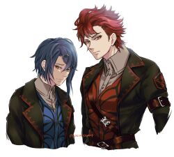 Rule 34 | 2boys, alcryst (fire emblem), blue hair, brothers, buckle, buttons, closed mouth, collared shirt, diamant (fire emblem), fire emblem, fire emblem engage, hair between eyes, hair ornament, hairclip, highres, looking at viewer, male focus, multiple boys, nintendo, red eyes, red hair, shirt, short hair, siblings, umi ( oneinchswing), white background