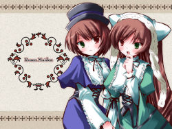 Rule 34 | 00s, 2girls, :d, beige background, blue dress, brown hair, copyright name, cross-laced clothes, dress, finger to mouth, frills, green eyes, hat, head scarf, head tilt, heterochromia, long hair, long sleeves, looking at viewer, multiple girls, open mouth, red eyes, rozen maiden, short hair, siblings, simple background, sisters, smile, souseiseki, suiseiseki, top hat, twins, upper body, very long hair, wallpaper