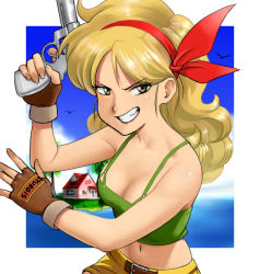Rule 34 | 1girl, abosirom, belt, bird, blonde hair, border, breasts, brown belt, brown gloves, cleavage, cloud, coconut tree, crop top, day, dragon ball, eyes visible through hair, facing viewer, female focus, fingerless gloves, gloves, green eyes, grin, gun, hair ribbon, handgun, house, island, kame house, large breasts, long hair, looking at viewer, lunch (dragon ball), medium breasts, midriff, navel, ocean, outdoors, outside border, palm tree, revolver, ribbon, shorts, sky, smile, solo, tank top, tree, upper body, weapon, weather vane, white border, yellow shorts