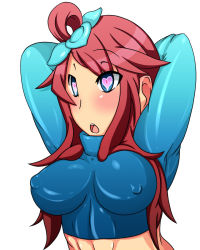Rule 34 | 10s, 1girl, arms behind head, arms up, blush, breasts, covered erect nipples, creatures (company), game freak, gym leader, hair ornament, heart, heart-shaped pupils, hypnosis, impossible clothes, large breasts, mind control, nintendo, pokemon, pokemon bw, red hair, ribs, simple background, skyla (pokemon), solo, symbol-shaped pupils, upper body, white background