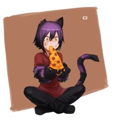 Rule 34 | 1girl, animal ears, animal hands, black footwear, black hair, black pants, brown background, cat ears, cat tail, cheshire cat (monster girl encyclopedia), eating, food, food on face, fur, highres, holding, holding food, holding pizza, indian style, laska (less), laska (monster girl encyclopedia), less, missing ear, monster girl, monster girl encyclopedia, multicolored hair, notched ear, original, pants, pepperoni, pizza, purple hair, red shirt, scar, scar across eye, scar on face, shirt, short hair, short sleeves, sitting, slit pupils, solo, striped, striped tail, tail, tail raised, two-tone hair, yellow eyes