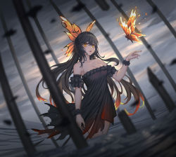 Rule 34 | 1girl, absurdres, arepko, bare shoulders, black dress, black hair, breasts, bug, butterfly, butterfly hair ornament, cleavage, colored tips, detached sleeves, dress, fire, frills, hair ornament, highres, insect, long hair, medium breasts, multicolored hair, open mouth, original, outstretched arm, partially submerged, scrunchie, solo, standing, wrist scrunchie, yellow eyes