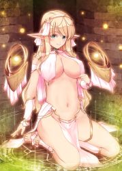 Rule 34 | 1girl, blonde hair, breast curtains, breasts, covered erect nipples, elf, green eyes, kirishima satoshi, large breasts, long hair, long pointy ears, navel, original, pelvic curtain, pointy ears, revealing clothes, smile, solo, very long hair