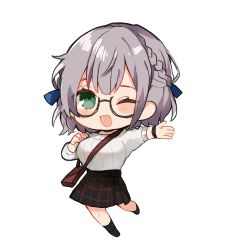 Rule 34 | 1girl, :d, absurdres, bad id, bad pixiv id, bag, black skirt, blush, braid, breasts, chibi, commentary, french braid, glasses, green eyes, grey hair, hand up, heart, highres, hololive, large breasts, looking at viewer, miniskirt, noi mine, one eye closed, open mouth, ribbed sweater, semi-rimless eyewear, shirogane noel, shirogane noel (casual), shoulder bag, skirt, smile, solo, sweater, transparent background, under-rim eyewear, virtual youtuber, white sweater, wristband