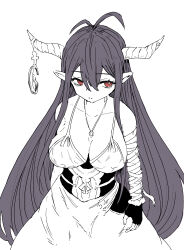 Rule 34 | bandaged arm, bandages, breasts, cleavage, danua, draph, granblue fantasy, horns, huge breasts, jewelry, long ears, long hair, looking to the side, monochrome, mumunchi, necklace, open mouth, purple hair, short gloves, sketch, smile, tagme, white background