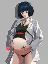 Rule 34 | 1girl, absurdres, arinokateku, blue hair, breasts, female focus, heart, highres, lab coat, large breasts, looking down, nail polish, navel, no pants, persona, persona 5, pregnant, red eyes, short hair, solo, stethoscope, takemi tae