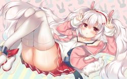 Rule 34 | 1girl, animal ears, ass, azur lane, blush, boots, camisole, commentary request, double w, fur trim, hairband, halftone, halftone background, hands up, jacket, laffey (azur lane), legs together, long sleeves, looking at viewer, lying, on back, open clothes, open jacket, parted lips, pink jacket, pleated skirt, rabbit ears, red eyes, red skirt, skirt, sleeves past wrists, solo, suzunone rena, thighhighs, twintails, w, white camisole, white hair, white thighhighs