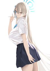 Rule 34 | 1girl, absurdres, asuna (blue archive), black skirt, blue archive, blue eyes, closed mouth, from side, grey hair, hair ornament, halo, hand up, highres, long hair, looking at viewer, looking to the side, shirt, shirt tucked in, short sleeves, simple background, skirt, smile, solo, thighs, tnr (horiko1525), white background, white shirt