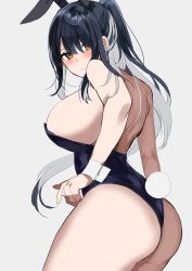 Rule 34 | 1girl, absurdres, animal ears, ass, black hair, blush, from behind, highres, leotard, looking at viewer, looking back, original, playboy bunny, ponytail, rabbit ears, rabbit tail, shirasu uni, solo, tail, wrist cuffs