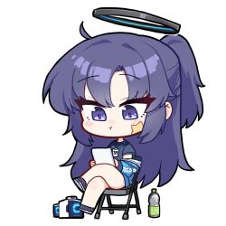 Rule 34 | 1girl, blue archive, blue eyes, blue hair, chibi, halo, looking at viewer, official alternate costume, official alternate hairstyle, ponytail, simple background, solo, white background, yanggaengwang, yuuka (blue archive), yuuka (track) (blue archive)