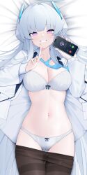 Rule 34 | 1girl, absurdres, bed sheet, blue archive, blunt bangs, blush, bow, bow panties, bra, breasts, cellphone, cleavage, clothes pull, collarbone, dakimakura (medium), finger to mouth, highres, holding, holding phone, jacket, large breasts, long hair, long sleeves, looking at viewer, lying, navel, necktie, noa (blue archive), on back, open clothes, panties, pantyhose, pantyhose pull, phone, purple eyes, shushing, smartphone, smile, solo, stomach, thigh gap, thighband pantyhose, underwear, white bra, white panties, z.taiga