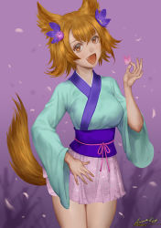 Rule 34 | 1girl, animal ears, ariverkao, blurry, blurry background, brown eyes, brown hair, cowboy shot, fang, flower, hair flower, hair ornament, japanese clothes, looking at viewer, open mouth, original, petals, short hair, skirt, solo, standing, tail