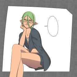 Rule 34 | 1girl, bare legs, blank speech bubble, closed mouth, commentary, crossed legs, elf, english commentary, glasses, green eyes, green hair, hair between eyes, hand on own chin, highres, laddieo, pointy ears, ryuu to yuusha to haitatsunin, semi-rimless eyewear, simple background, sitting, solo, speech bubble, under-rim eyewear, yoshida (ryuu to yuusha to haitatsunin)