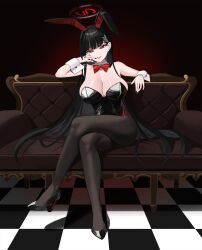 Rule 34 | 1girl, animal ears, black footwear, black hair, black leotard, black nails, black pantyhose, blue archive, bow, bowtie, breasts, bright pupils, cleavage, couch, crossed legs, ddog, fake animal ears, finger to mouth, hair ornament, hairclip, halo, high heels, highres, huge breasts, large breasts, leotard, long hair, on couch, pantyhose, playboy bunny, red bow, red bowtie, red eyes, red lips, rio (blue archive), shoes, sitting, solo, very long hair, white pupils, wrist cuffs