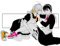 Rule 34 | akao akira, gloves, highres, holding, holding knife, holster, implied yuri, knife, knife in hair, lace, maid, pink eyes, pink footwear, rokuen skd, sakamoto days, shoes, sneakers, thigh holster, threat, tongue, tongue out, toramaru nao, white background, yellow eyes, yellow footwear