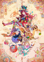 Rule 34 | 2boys, 2girls, alcohol, alice (alice in wonderland), alice in wonderland, beer, bird, black legwear, blonde hair, blue footwear, blunt bangs, blush, boots, bug, butterfly, candy, candy cane, closed mouth, collar, cup, dormouse (wonderland), dress, eyeshadow, flower, food, fork, full body, gloves, hat, high heel boots, high heels, highres, holding, insect, jacket, jester cap, juggling, knife, lollipop, long hair, long sleeves, looking at viewer, looking to the side, mad hatter (alice in wonderland), makeup, march hare (wonderland), micho, midair, multicolored clothes, multiple boys, multiple girls, necktie, open mouth, petals, pink footwear, pink ribbon, puffy long sleeves, puffy short sleeves, puffy sleeves, purple eyes, purple hair, purple neckwear, red gloves, red hair, red jacket, ribbon, saucer, short hair, short sleeves, sleeping, sleeves past fingers, sleeves past wrists, spoon, straight hair, striped, sugar cube, sweets, swirl lollipop, tassel, tea, teacup, teapot, top hat, tulip, wavy hair