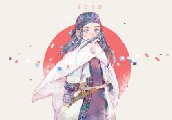 Rule 34 | 1girl, 2020, ainu, ainu clothes, asirpa, bandana, black hair, blue bandana, blue eyes, cape, closed mouth, cowboy shot, ear piercing, earrings, eyebrows, flag background, fur cape, golden kamuy, grey background, highres, hoop earrings, japanese flag, jewelry, knife, long hair, long sleeves, looking at viewer, mudi mudi, piercing, sheath, sheathed, simple background, smile, solo, standing, white cape, wind