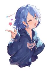 Rule 34 | 1girl, :o, absurdres, blue eyes, blue hair, blue hoodie, braid, character name, commentary request, cropped torso, curly hair, dorothy west, drawstring, finger gun, hair between eyes, hand up, highres, hood, hood down, hoodie, long sleeves, looking at viewer, one eye closed, open mouth, pretty series, pripara, short hair, side braid, simple background, solo, star (symbol), translation request, upper body, v-shaped eyebrows, white background, zuho (vega)