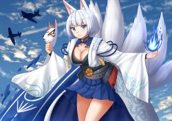 Rule 34 | 1girl, aircraft, airplane, animal ears, azur lane, blue eyes, blue fire, blue skirt, blue sky, breasts, cleavage, cloud, cloudy sky, commentary, day, english commentary, fire, fox ears, fox girl, fox mask, fox tail, highres, holding, holding mask, japanese clothes, kaga (azur lane), kazenokaze, kimono, kitsune, long sleeves, mask, unworn mask, medium breasts, multiple tails, outdoors, pleated skirt, short hair, silver hair, skirt, sky, solo, standing, tail, v-shaped eyebrows, white kimono, wide sleeves