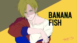 Rule 34 | 1boy, arm on knee, artist name, ash lynx, banana fish, blonde hair, blue pants, chama kou, closed mouth, copyright name, highres, jacket, knee up, looking at viewer, male focus, off shoulder, pants, red jacket, shirt, short hair, short sleeves, signature, simple background, sitting, solo, white shirt, yellow background, yellow eyes