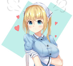 Rule 34 | 1girl, absurdres, blend s, blonde hair, blue eyes, blush, breast lift, breasts, frown, gloves, heart, highres, hinata kaho, large breasts, looking at viewer, medium hair, pohdae, pout, simple background, solo, stile uniform, tsundere, upper body, v-shaped eyebrows, white gloves