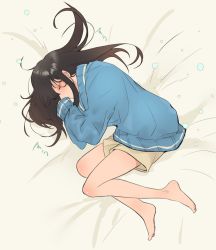 Rule 34 | 1girl, absurdres, barefoot, bed, bed sheet, bedroom, black hair, blue sweater, blush, breasts, feet, full body, highres, indoors, kaya (yyao mie), legs, long hair, lying, on bed, on side, smelling, smelling self, soles, solo, spy x family, sweater, toes, yor briar