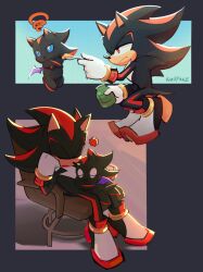 Rule 34 | 1boy, 1other, animal ears, animal nose, artist name, black fur, blue eyes, chair, chao (sonic), food, furry, furry male, gloves, gold bracelet, hedgehog, hedgehog boy, hedgehog ears, hedgehog tail, highres, holding, holding spoon, outside border, red eyes, red fur, shadow chao, shadow the hedgehog, shoes, sleeping, sonic (series), spoon, tail, two-tone fur