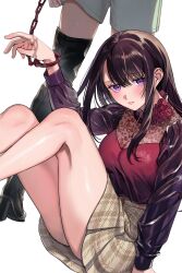 Rule 34 | 1girl, 1other, absurdres, ambiguous gender, arm support, arm up, black hair, boots, brown skirt, closed mouth, cuffs, hajirau kimi ga mitainda, handcuffs, highres, honjou kaho, knees up, long hair, long sleeves, looking at viewer, mole, mole on thigh, mole under mouth, official art, purple eyes, see-through, see-through sleeves, shorts, sitting, skirt, standing, thigh boots, uma raclette