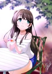 Rule 34 | 1girl, aqua eyes, aqua nails, bag, bare shoulders, blue eyes, blue skirt, blush, breasts, brown hair, chair, cleavage, closed mouth, collarbone, cowboy shot, cup, earrings, fingernails, hair ornament, hair tie, highres, holding, holding cup, jewelry, kakure i, long fingernails, long hair, looking up, miniskirt, nail polish, off-shoulder, off-shoulder sweater, off shoulder, one side up, outdoors, own hands together, pink lips, shoulder bag, signature, sitting, skirt, solo, spaghetti strap, sweater, table, tamasaka makoto, tokyo 7th sisters, tree