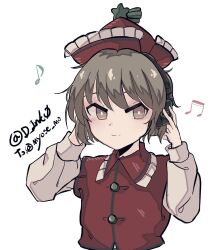 Rule 34 | 1girl, bright pupils, brown hair, closed mouth, commentary, d ink0, english commentary, frilled hat, frills, hat, hat ornament, headphones, highres, long sleeves, lyrica prismriver, red hat, short hair, simple background, smile, solo, star (symbol), star hat ornament, touhou, twitter username, upper body, white background, white pupils