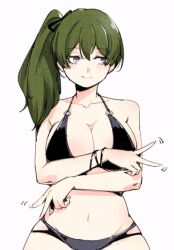 Rule 34 | 1girl, alternate costume, asymmetrical hair, bikini, black bikini, blush, breasts, cleavage, closed mouth, commentary, cowboy shot, crossed arms, double-parted bangs, double v, english commentary, green hair, large breasts, looking to the side, medium hair, motion lines, multi-strapped bikini bottom, navel, o-ring, o-ring bikini, o-ring top, purple eyes, relaxjon, side ponytail, simple background, smile, solo, sousou no frieren, standing, stomach, swimsuit, ubel (sousou no frieren), v, white background, wristband