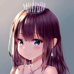 Rule 34 | 1girl, absurdres, bare shoulders, blue eyes, blush, brown hair, child, collarbone, crown, earrings, glint, gradient background, grey background, hair between eyes, hbb, highres, jewelry, long hair, looking at viewer, mini crown, original, portrait, simple background, smile, solo, spaghetti strap, sparkle