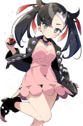 Rule 34 | 1girl, absurdres, asymmetrical bangs, black collar, black footwear, black hair, blush, boots, closed mouth, collar, commentary request, creatures (company), dress, earrings, eyelashes, game freak, green eyes, hair ribbon, highres, holding, holding poke ball, ichijo rei, jacket, jewelry, leg up, long hair, looking at viewer, marnie (pokemon), nintendo, open clothes, open jacket, pink dress, poke ball, poke ball (basic), pokemon, pokemon swsh, red ribbon, ribbon, shiny skin, solo