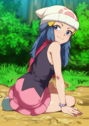 Rule 34 | 1girl, arm support, ass, bare legs, bare shoulders, bead bracelet, beads, beanie, black shirt, blue eyes, blue hair, blush, boots, bracelet, bush, commentary, creatures (company), curvy, dawn (pokemon), english commentary, forest, from side, game freak, grass, hair ornament, hairclip, hand on own thigh, hat, headwear request, jcm2, jewelry, long hair, looking at viewer, looking back, nature, naughty face, nintendo, outdoors, pink skirt, pokemon, pokemon dppt, red neckwear, scarf, shiny clothes, shiny skin, shirt, sidelocks, sitting, skirt, sleeveless, sleeveless shirt, smile, solo, tree, white hat, yokozuwari