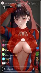 Rule 34 | 1girl, alternate costume, animal print, blue archive, blush, breasts, brown hair, cleavage cutout, clothing cutout, cosplay, fake screenshot, halo, heart, highres, holding, holding microphone, instagram, large breasts, looking at viewer, matchacha, microphone, navel cutout, red eyes, rio (blue archive), solo, spider-man, spider-man (cosplay), spider print, spider web print, underboob